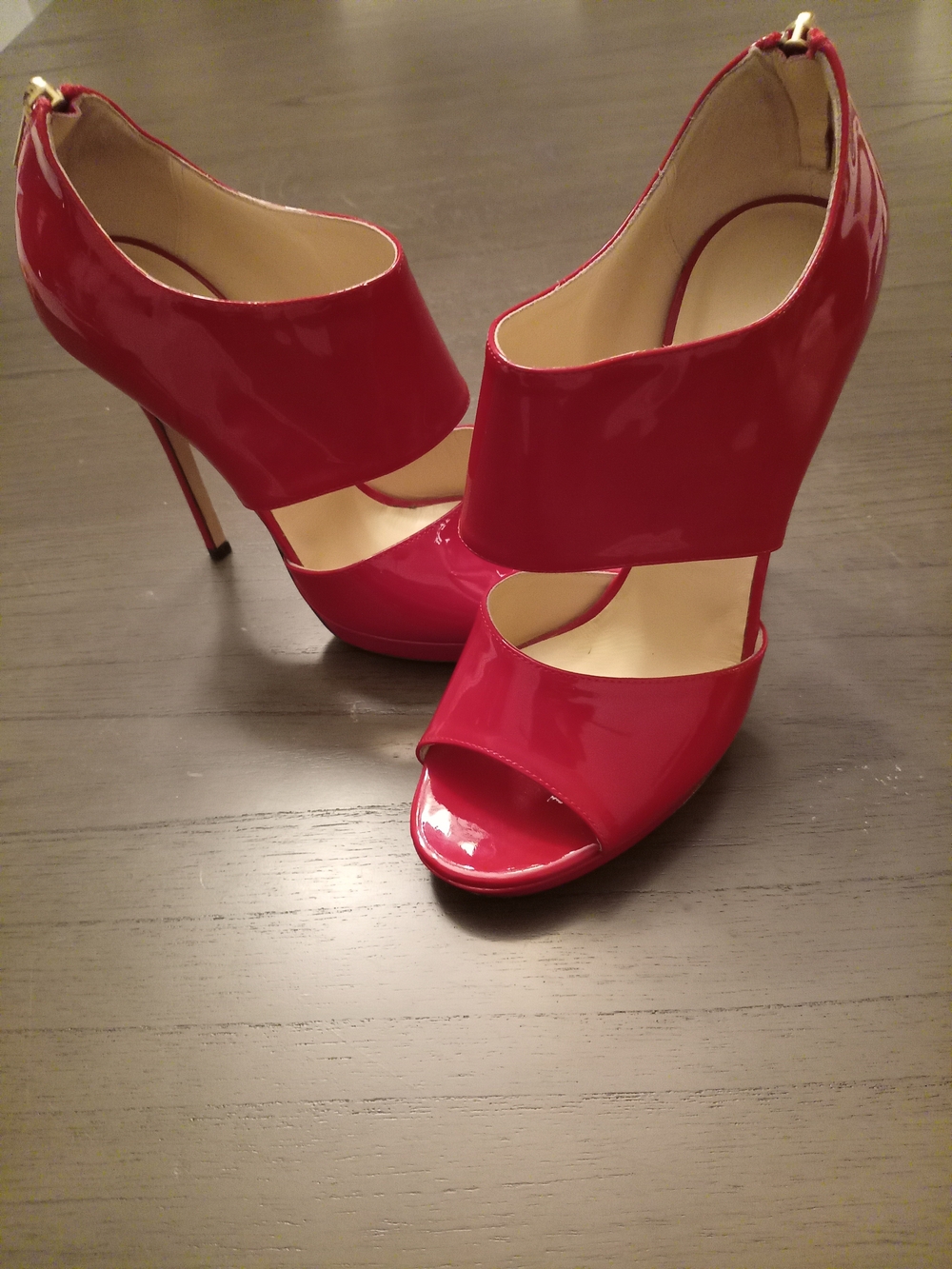 Jimmy Choo Red Patent Cutout Peep-Toe Stilettos